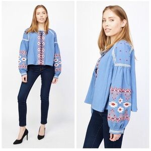 Anthropologie RD & Koko Oversize Blue Embroidered Blouse Jacket, Size L P2P 24”